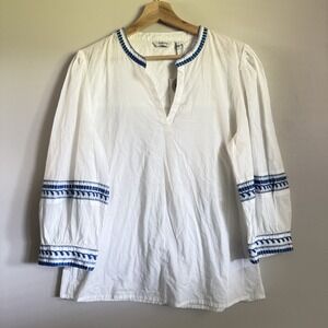 B.Young Blouse Women Sz 42 White Blue 3/4 Sleeve Button Front Relaxed Minimalist